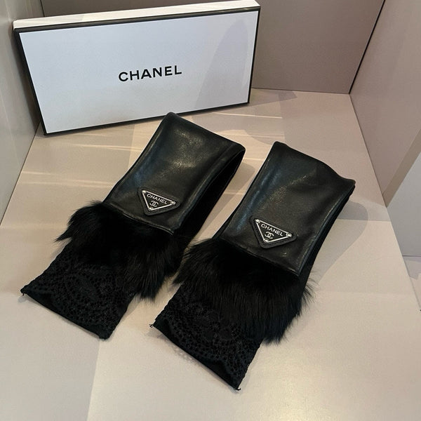 FINGERLESS LONG GLOVES IN BLACK LAMBSKIN WITH RABBIT FUR 465799
