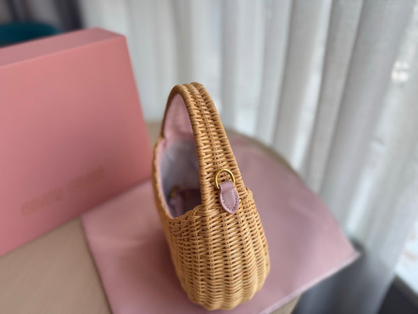 BORSA HOBO WANDER WICKER 20 IN TESSUTO A MANO MARRONE CON LOGO IN PELLE DI VITELLO ROSA