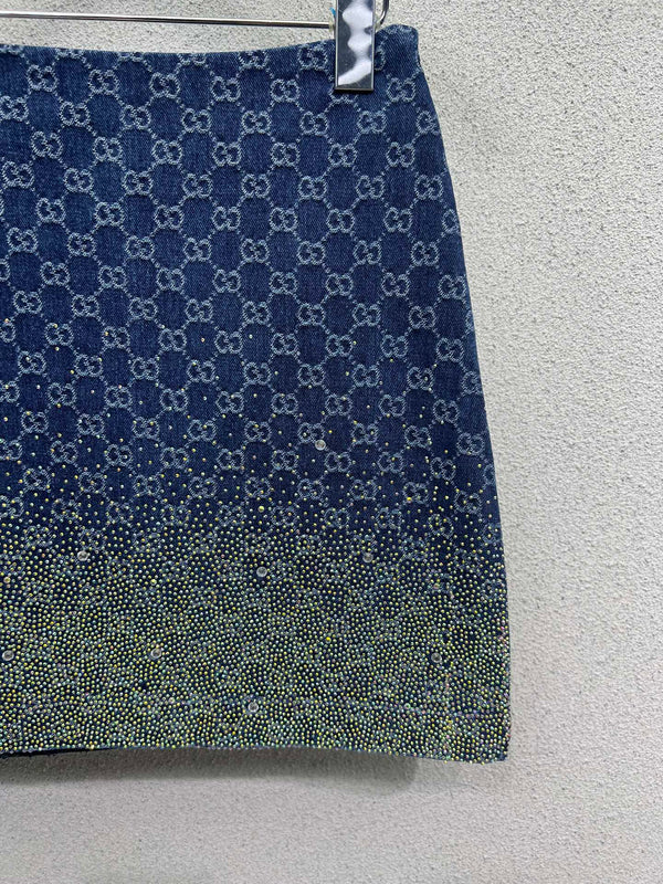 GG Blue Monogram Crystal Embellished Mini Skirt