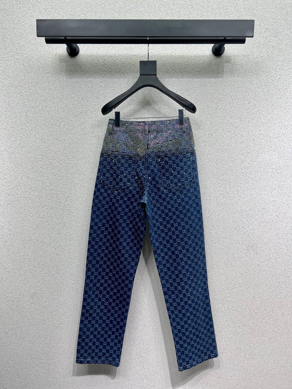 GG Blue Monogram Crystal Embellished Jean