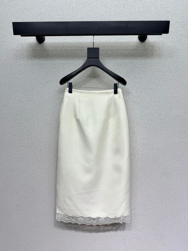 CD 26s Mid-Length Straight Skirt White Wool Silk Lace 398263