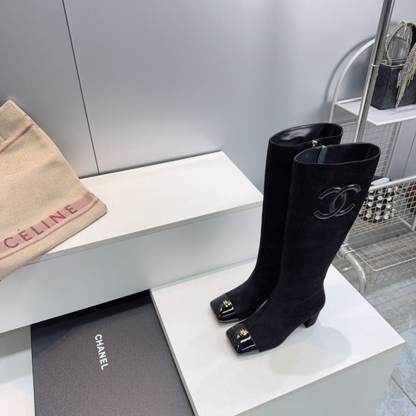 CC 26s Cap-Toe Knee-High Boots 4.5cm Black Stretch Suede 966839
