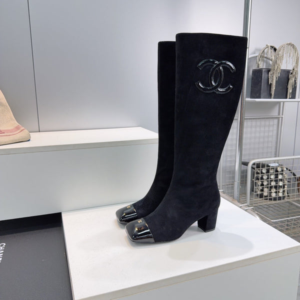 CC 26s Cap-Toe Knee-High Boots 4.5cm Black Stretch Suede 966839