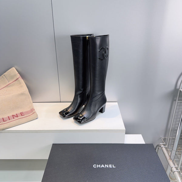 CC 26s Cap-Toe Knee-High Boots 4.5cm Black Stretch Lambskin 966840