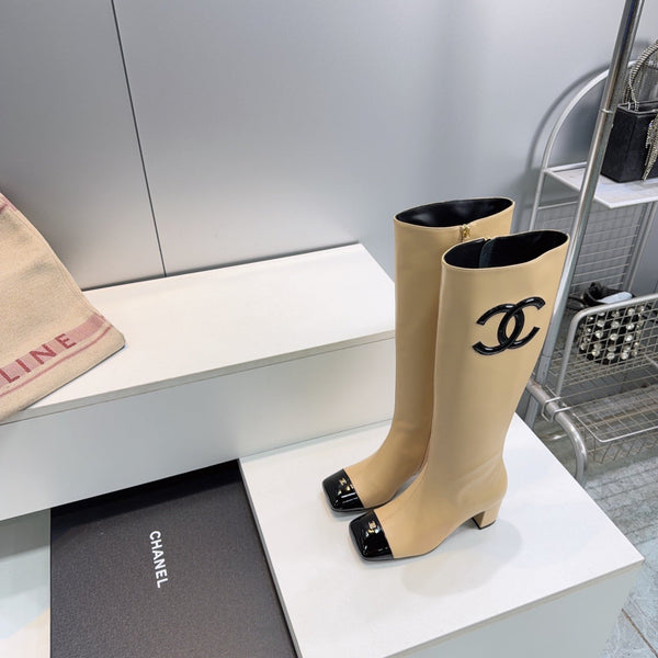 CC 26s Cap-Toe Knee-High Boots 4.5cm Beige Stretch Lambskin 966843
