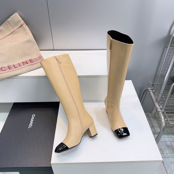 CC 26s Cap-Toe Knee-High Boots 4.5cm Beige Stretch Lambskin 966843