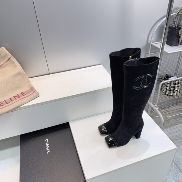 CC 26s Cap-Toe Knee-High Boots 8.5cm Black Stretch Suede 966845