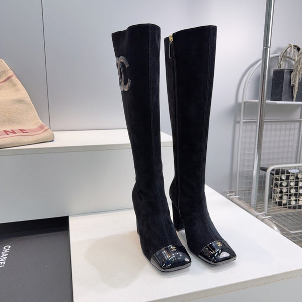 CC 26s Cap-Toe Knee-High Boots 8.5cm Black Stretch Suede 966845