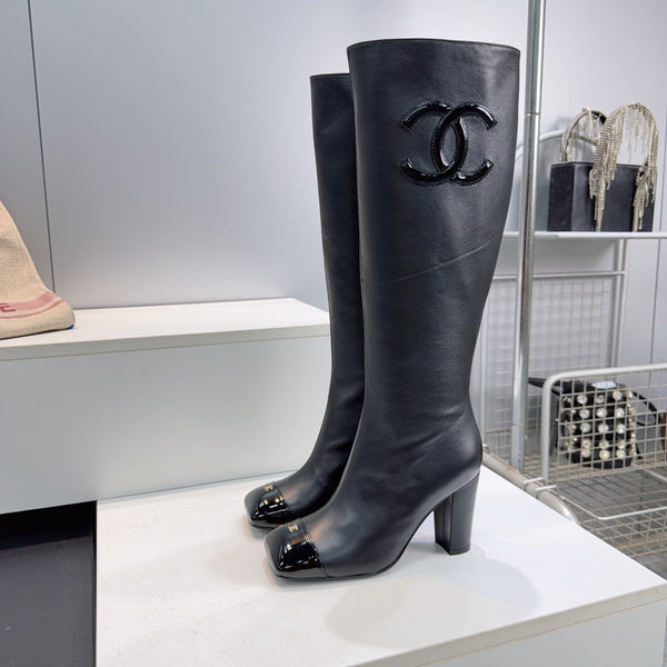 CC 26s Cap-Toe Knee-High Boots 8.5cm Black Stretch Lambskin 966846