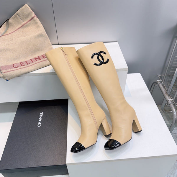 CC 26s Cap-Toe Knee-High Boots 8.5cm Beige Stretch Lambskin 966848