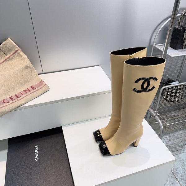 CC 26s Cap-Toe Knee-High Boots 8.5cm Beige Stretch Lambskin 966848