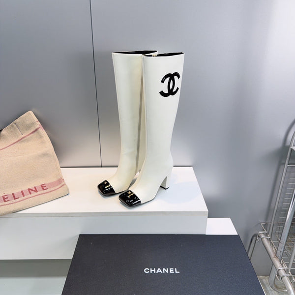 CC 26s Cap-Toe Knee-High Boots 8.5cm White Stretch Lambskin 966849