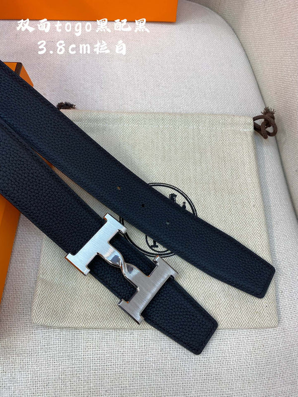 CINTURA HM H CON FIBBIA E CINTURINO REVERSIBILE IN PELLE NERA DA 38 MM, FERRAMENTA IN ARGENTO