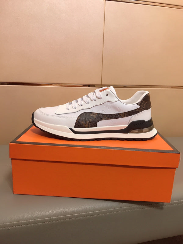 SNEAKERS LV IN PELLE DI VITELLO GRIGIO MIX MARRONE E TESSUTO STAMPATO CON LOGO