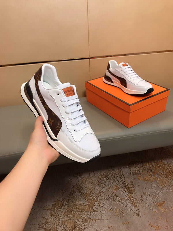 SNEAKERS LV IN PELLE DI VITELLO GRIGIO MIX MARRONE E TESSUTO STAMPATO CON LOGO