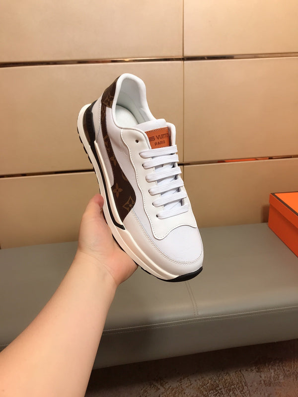 SNEAKERS LV IN PELLE DI VITELLO GRIGIO MIX MARRONE E TESSUTO STAMPATO CON LOGO