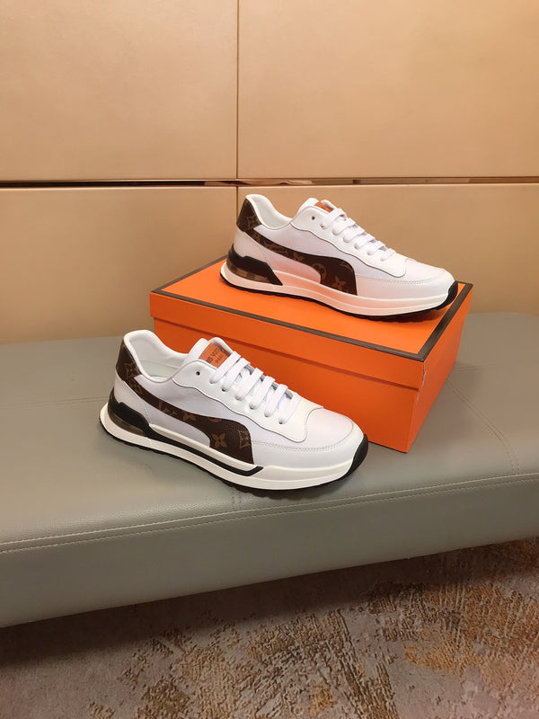 SNEAKERS LV IN PELLE DI VITELLO GRIGIO MIX MARRONE E TESSUTO STAMPATO CON LOGO