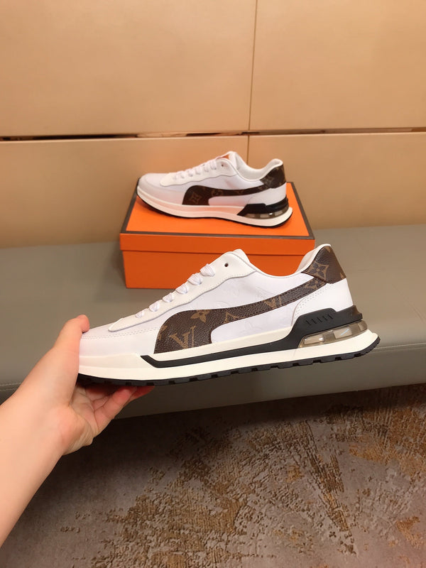 SNEAKERS LV IN PELLE DI VITELLO GRIGIO MIX MARRONE E TESSUTO STAMPATO CON LOGO