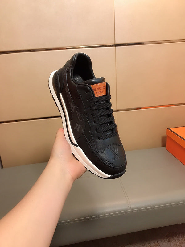 LV SNEAKERS IN BLACK CALFSKIN AND BRANDED PRINTED FABRIC