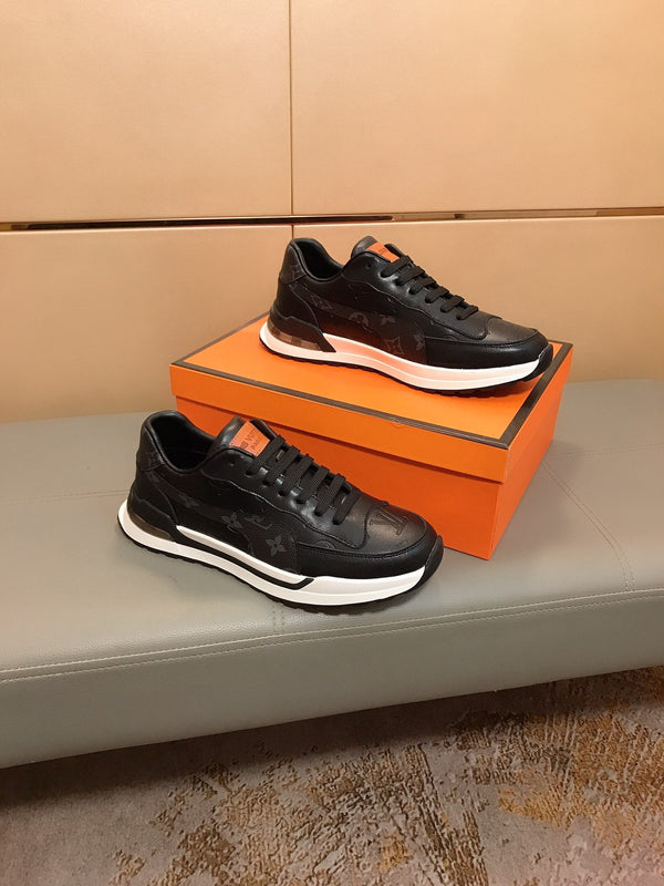 LV SNEAKERS IN BLACK CALFSKIN AND BRANDED PRINTED FABRIC