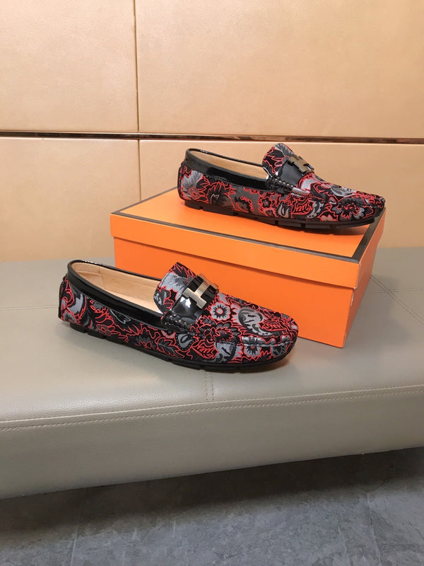HM Men's Flower Loafer Red Black Printed Fabric Pigskin 685514