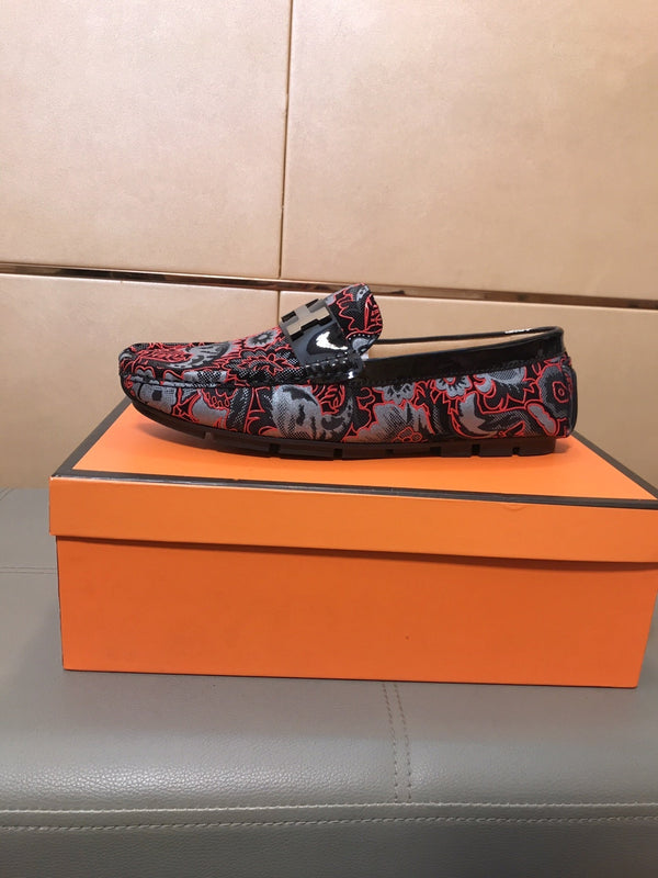 HM Men's Flower Loafer Red Black Printed Fabric Pigskin 685514