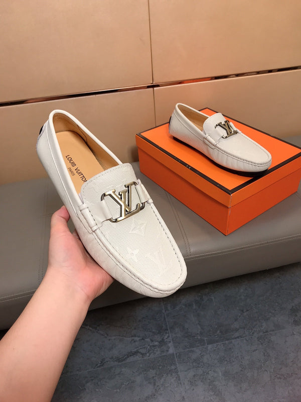 LV LOAFERS IN WHITE CALFSKIN WITH BRANDED EMBOSSING
