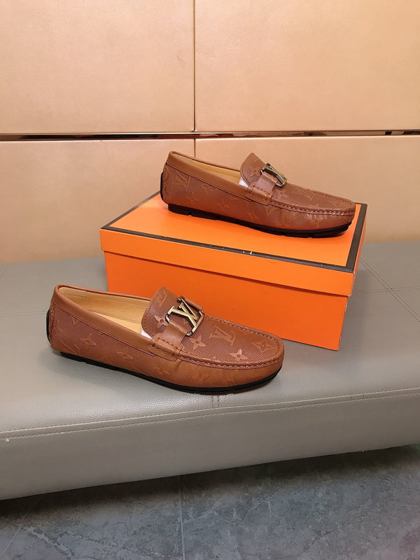LV LOAFERS IN RUSSET BROWN CALFSKIN WITH BRANDED EMBOSSING