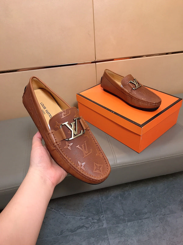 LV LOAFERS IN RUSSET BROWN CALFSKIN WITH BRANDED EMBOSSING