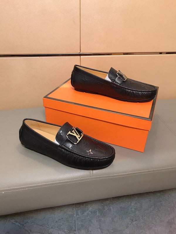 LV LOAFERS IN BLACK CALFSKIN WITH BRANDED EMBOSSING