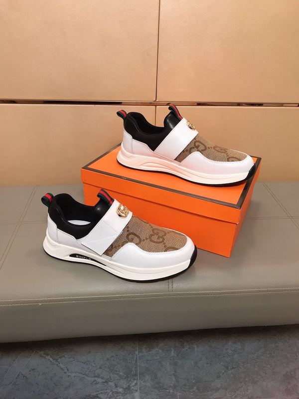 GG Men's Slip on White Brown Cowhide Canvas 530404