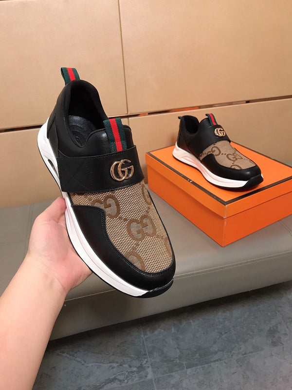 GG Men's Slip on Black Brown Cowhide Canvas 530402