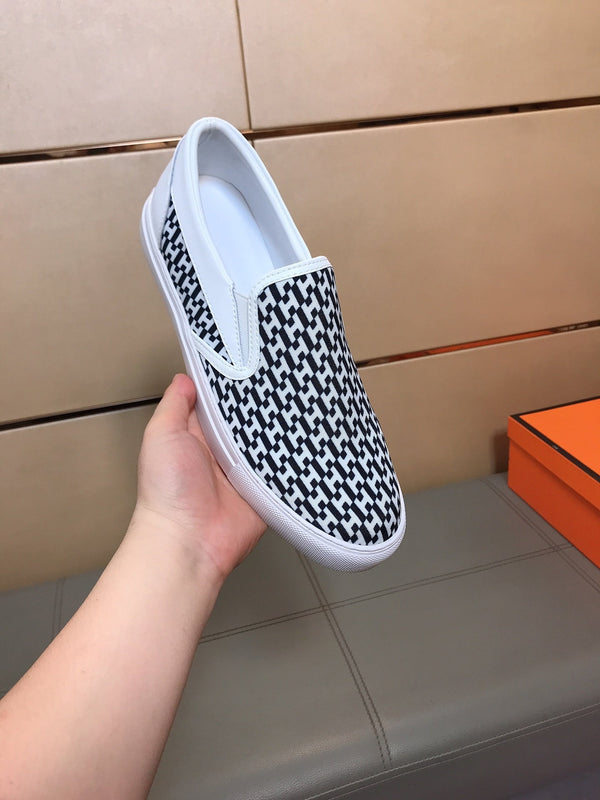 HM Men's Loafer White Black Printed Fabrics Rubber 590008