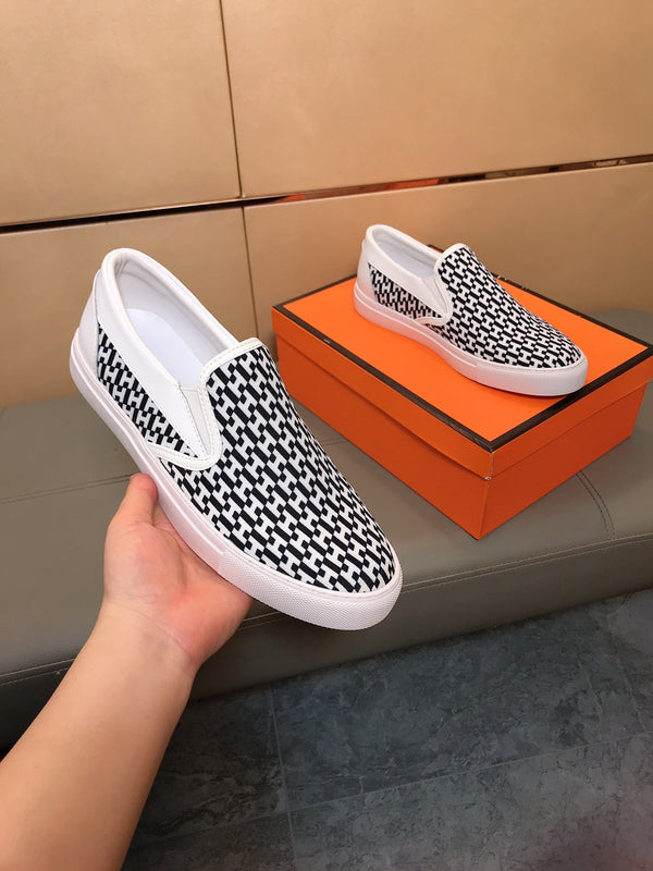 HM Men's Loafer White Black Printed Fabrics Rubber 590008