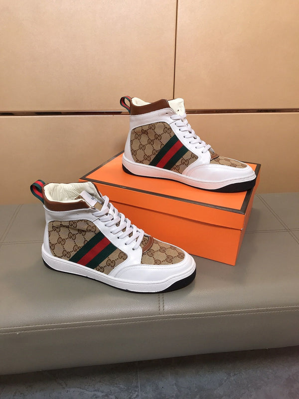 GG Men's High-top Sneakers Brown White Printed Fabric Cowhide 525321