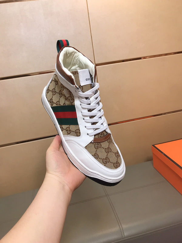 GG Men's High-top Sneakers Brown White Printed Fabric Cowhide 525321