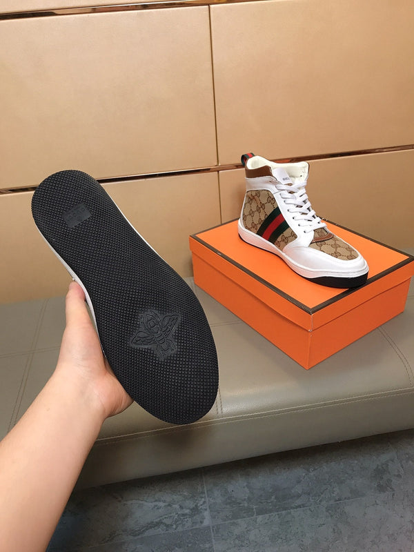 GG Men's High-top Sneakers Brown White Printed Fabric Cowhide 525321