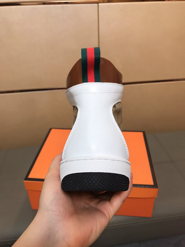 GG Men's High-top Sneakers Brown White Printed Fabric Cowhide 525321