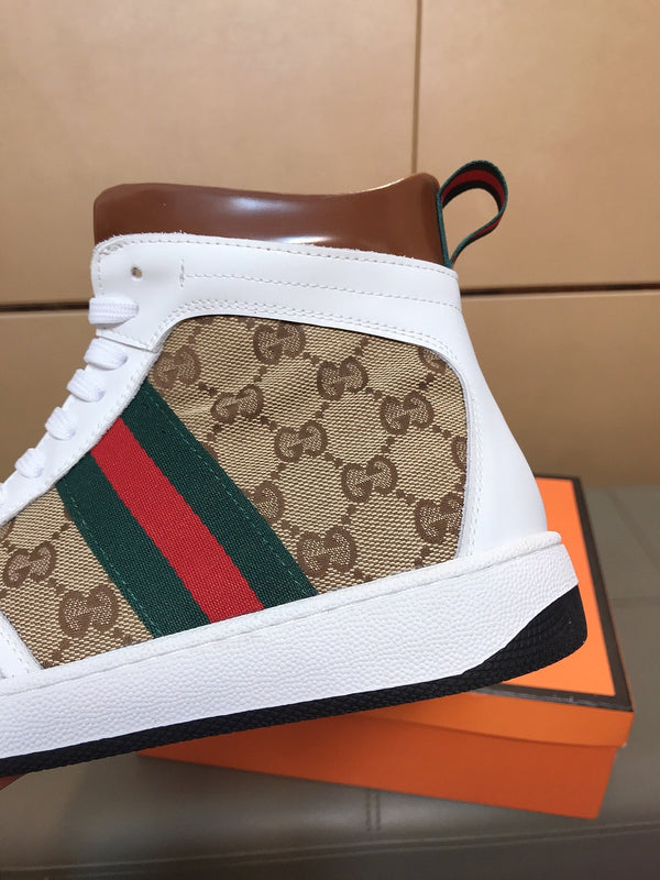 GG Men's High-top Sneakers Brown White Printed Fabric Cowhide 525321