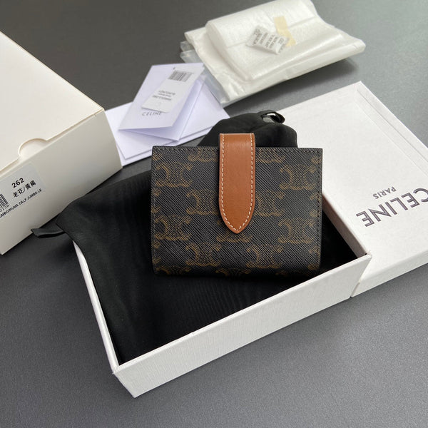 TRIOMPHE Celine Small Strap Wallet Tan Canvas&Cowhile