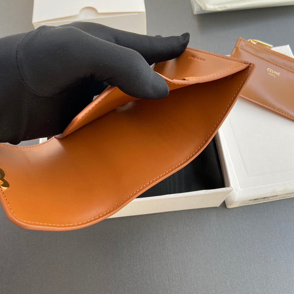 TRIOMPHE Compact Wallet With Coin Purse Tan Leather