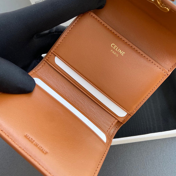 TRIOMPHE Compact Wallet With Coin Purse Tan Leather