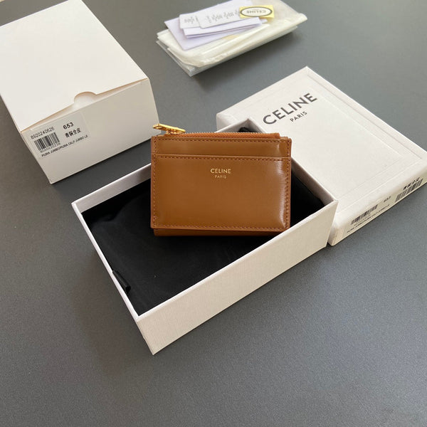 TRIOMPHE Compact Wallet With Coin Purse Tan Leather