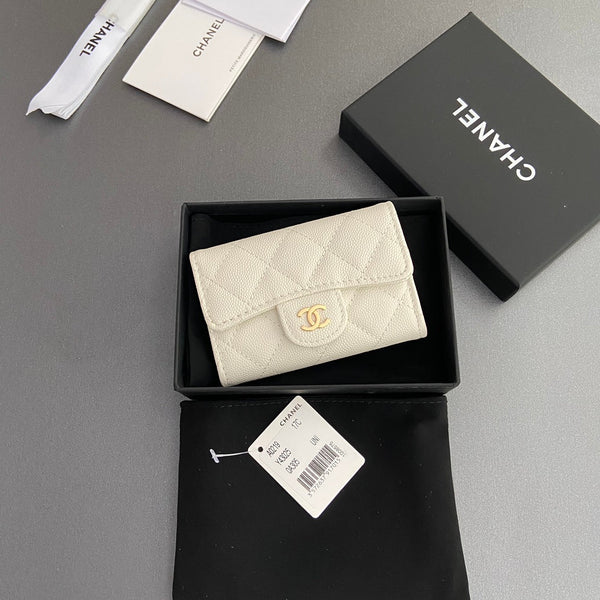 CC Zipper Flap Card Holder White Caviar GHW 234669