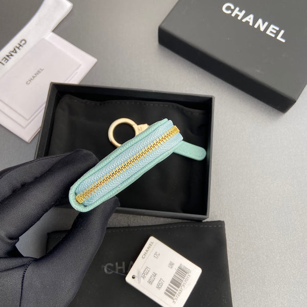 CC Hook & Chain Zipper Card Holder Light Blue Caviar GHW 234713