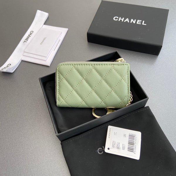 CC Hook & Chain Zipper Card Holder Light Green Caviar GHW 234727