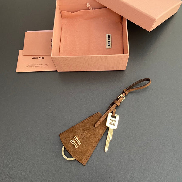Leather Bag Charm With Key Brown Suede 240339