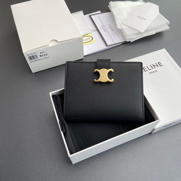 TRIOMPHE Medium Strap Wallet Black Grain Cowhide GHW