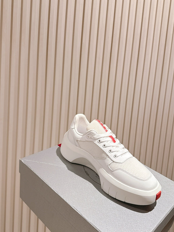 PRADA 25S SPORTY SNEAKERS 45MM WHITE RED COWHIDE