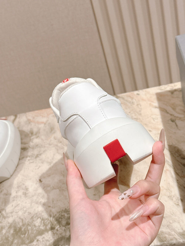 PRADA 25S SPORTY SNEAKERS 45MM WHITE RED COWHIDE